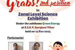 Manpreet Singh and Ajooni Kaur (Class X) for their outstanding performance, securing the 2nd Position at the Zonal Level Science Exhibition, held on 14 Nov 2025 at R.S.K.V. Surajmal Vihar